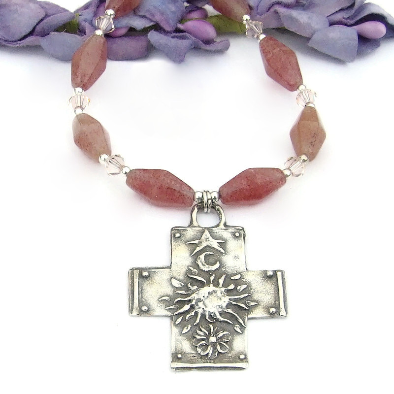 handmade cross necklace gemstones swarovski crystals